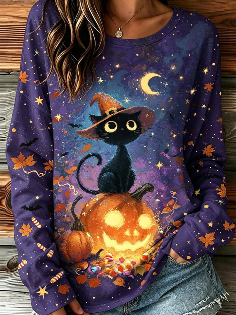 Women's Halloween Purple Cat Pumpkin Print Round Neck Long Sleeve Top