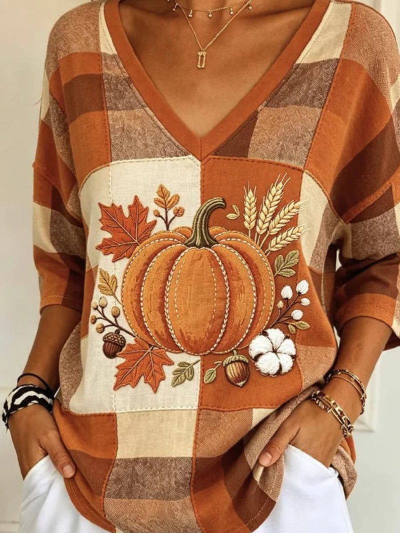 Women's Halloween Multi Pumpkin Patchwork Print V Neck 3/4 Sleeve Top