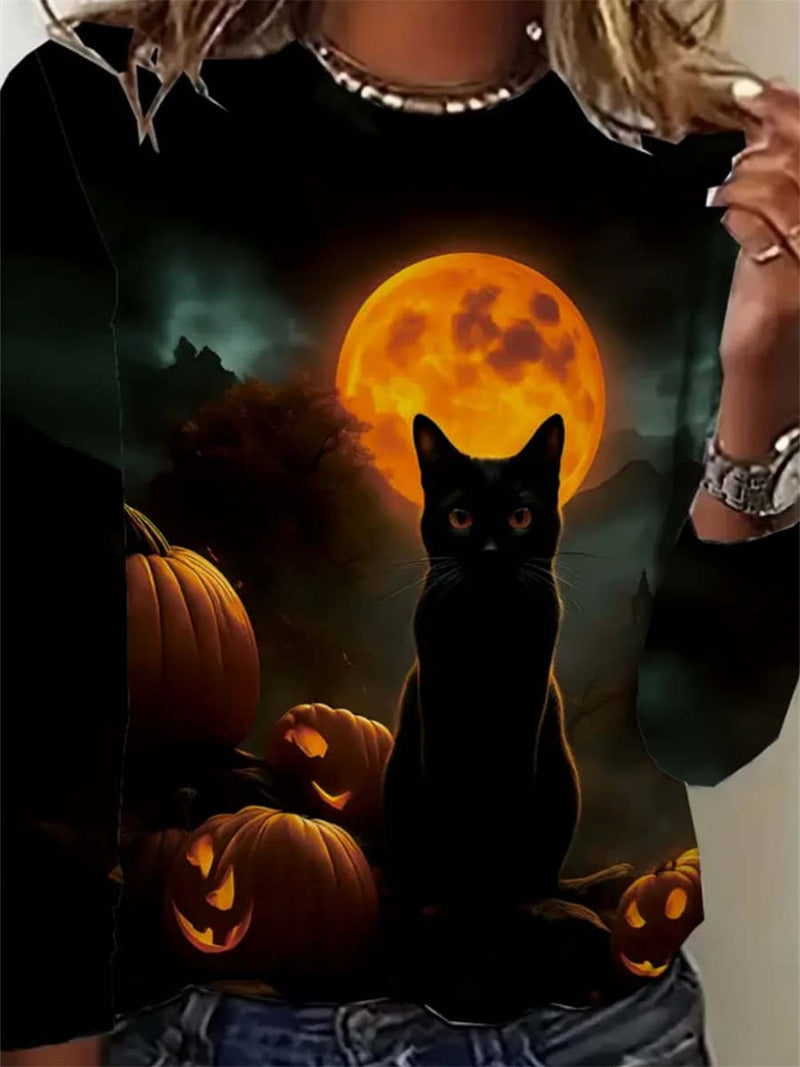 Women's Halloween Black Cat Moon Print Round Neck Long Sleeve Top