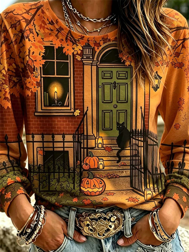 Women's Halloween Orange House Cat Print Round Neck Long Sleeve Top
