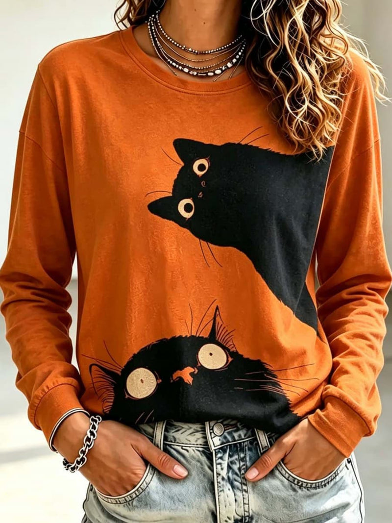 Women's Orange Cat Print Round Neck Long Sleeve Top