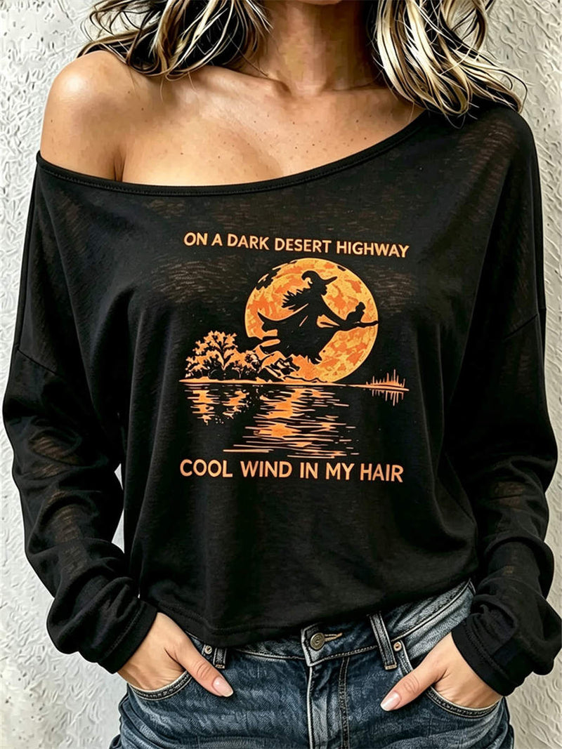 Women's Halloween Black Witch Moon Print Off Shoulder Long Sleeve Top