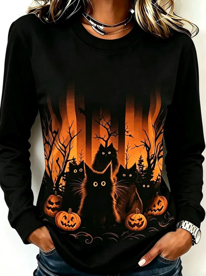 Women's Halloween Black Cat Pumpkin Forest Print Round Neck Long Sleeve Top