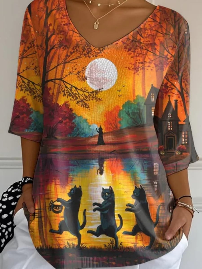 Women's Halloween Multi Cat Landscape Print V Neck 3/4 Sleeve Top
