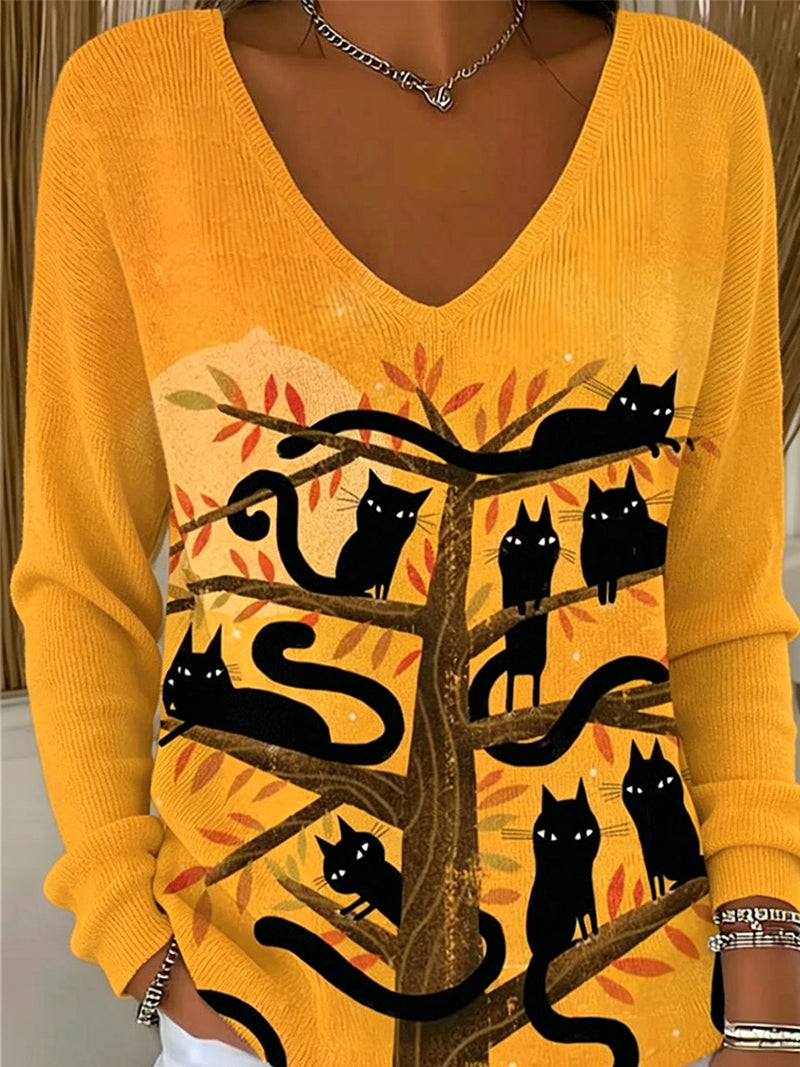 Women's Yellow Cat Tree Print V Neck Long Sleeve Top