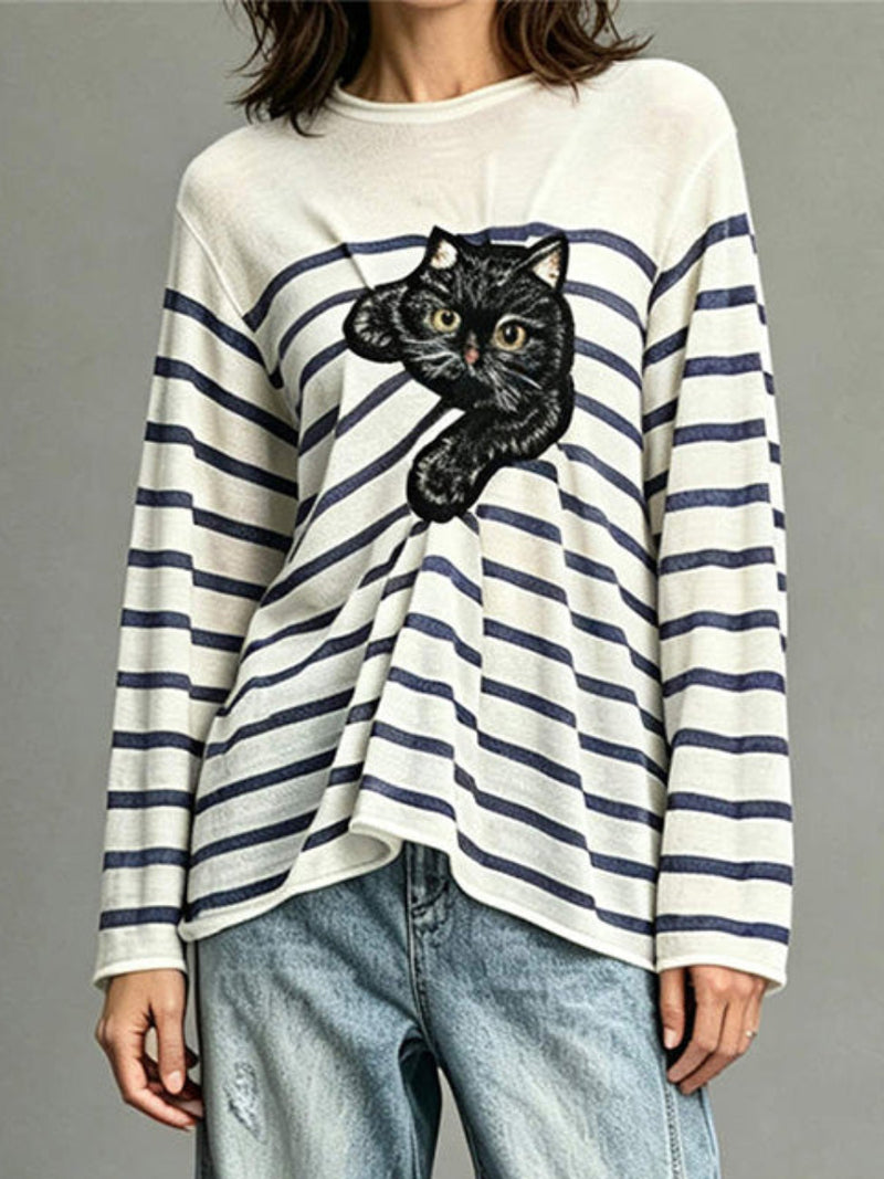 Women's White Blue Striped Cat Print Round Neck Long Sleeve Top