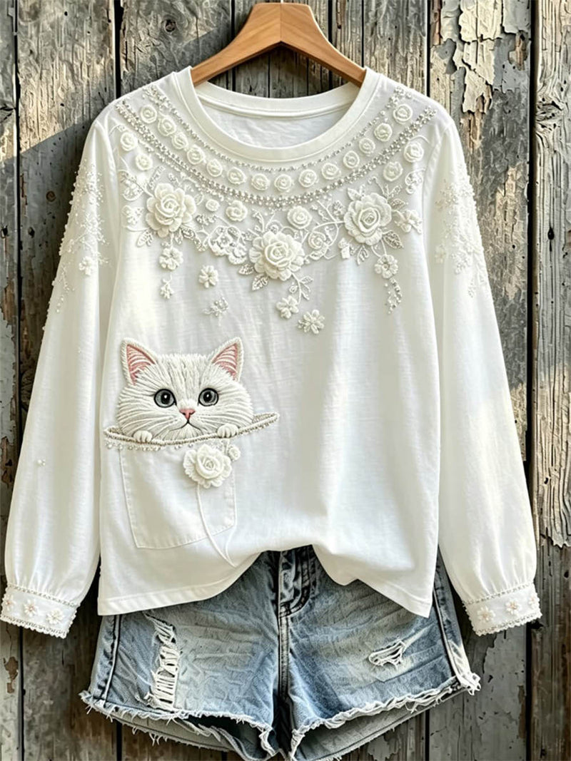 Women's White Cat Floral Lace Round Neck Long Sleeve Top