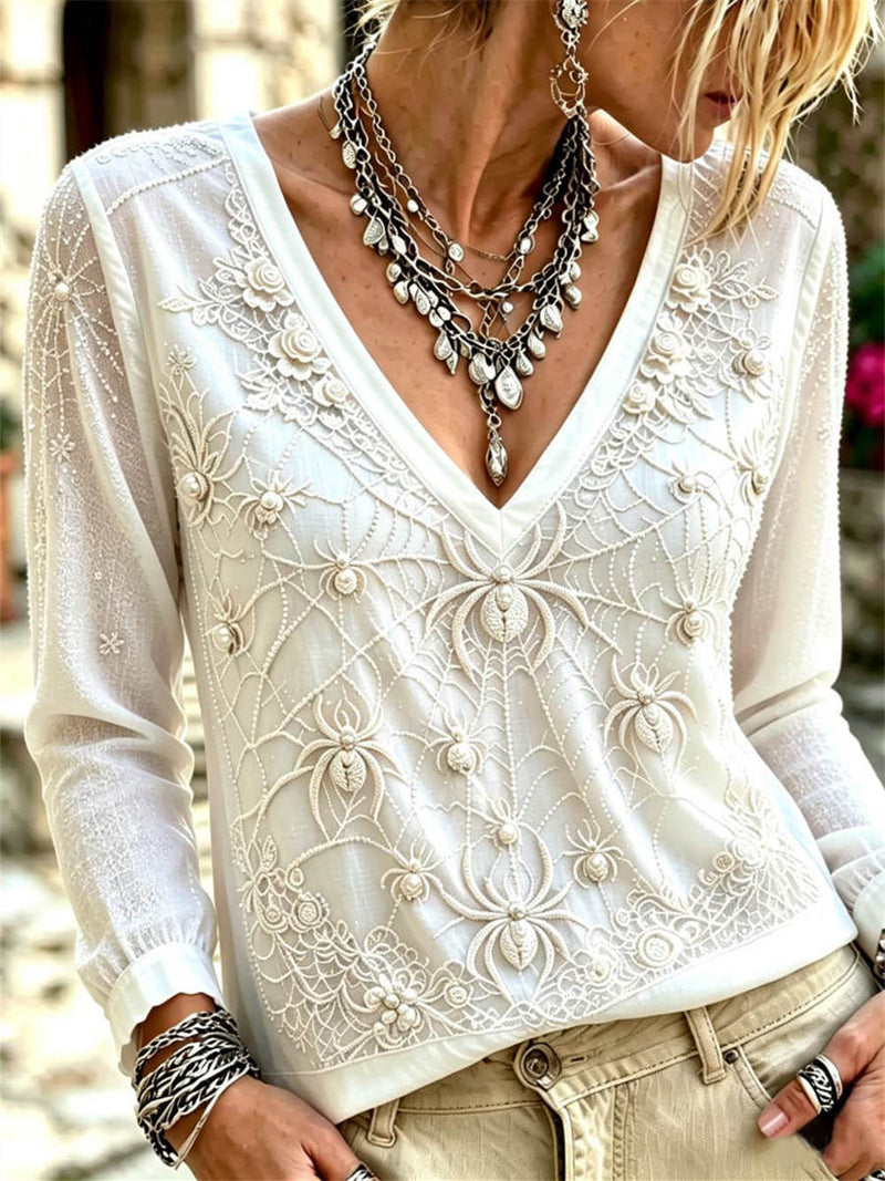 Women's Halloween White Floral Lace V Neck Long Sleeve Top