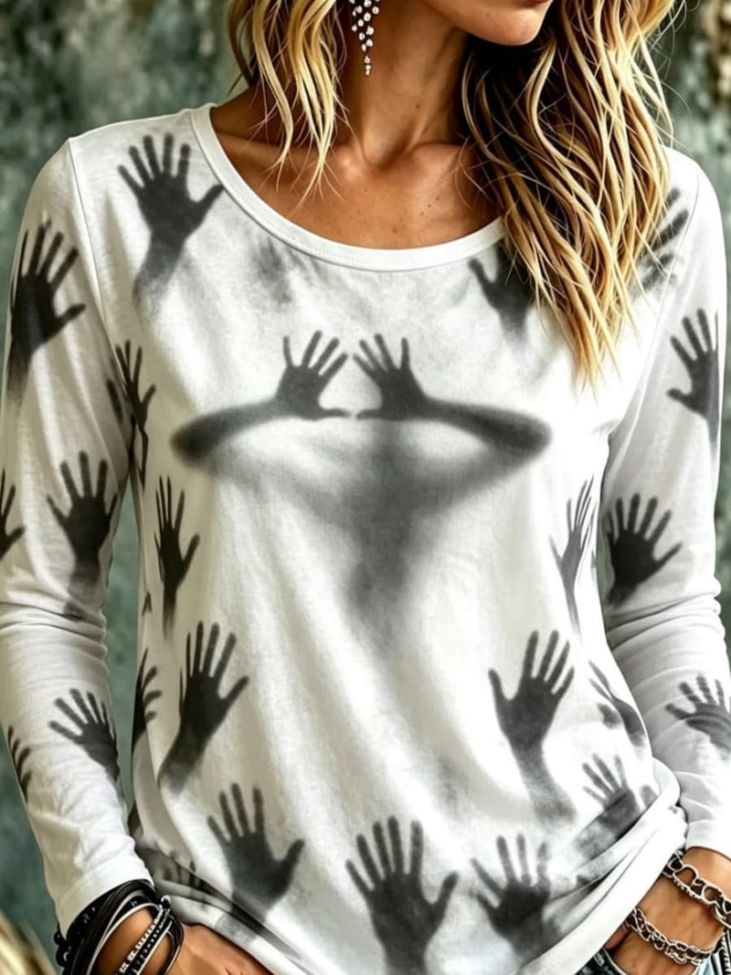 Women's Halloween White Handprint Print Round Neck Long Sleeve Top
