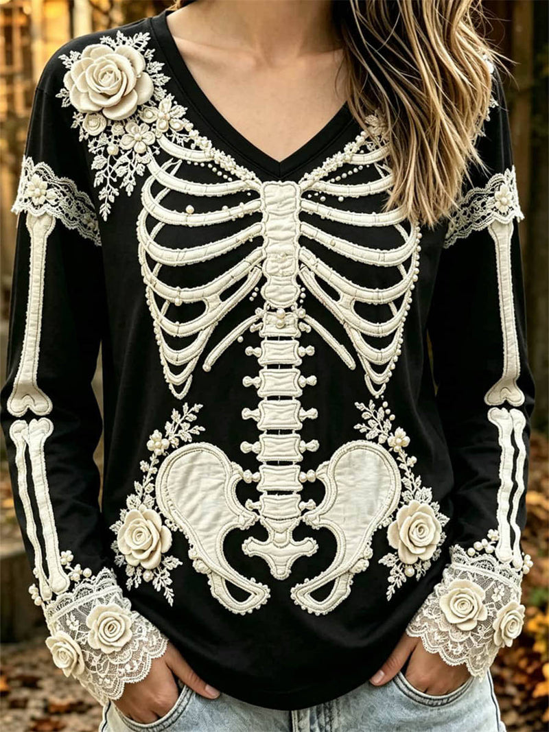 Women's Halloween Black Skeleton Lace Print V Neck Long Sleeve Top