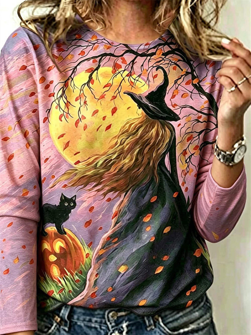 Women's Halloween Pink Witch Cat Print Round Neck Long Sleeve Top