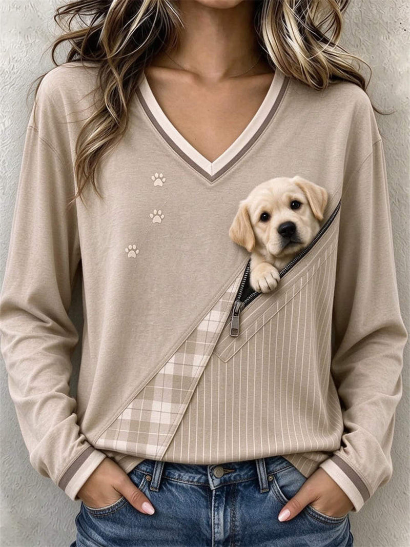 Women's Beige Dog Print V Neck Long Sleeve Top
