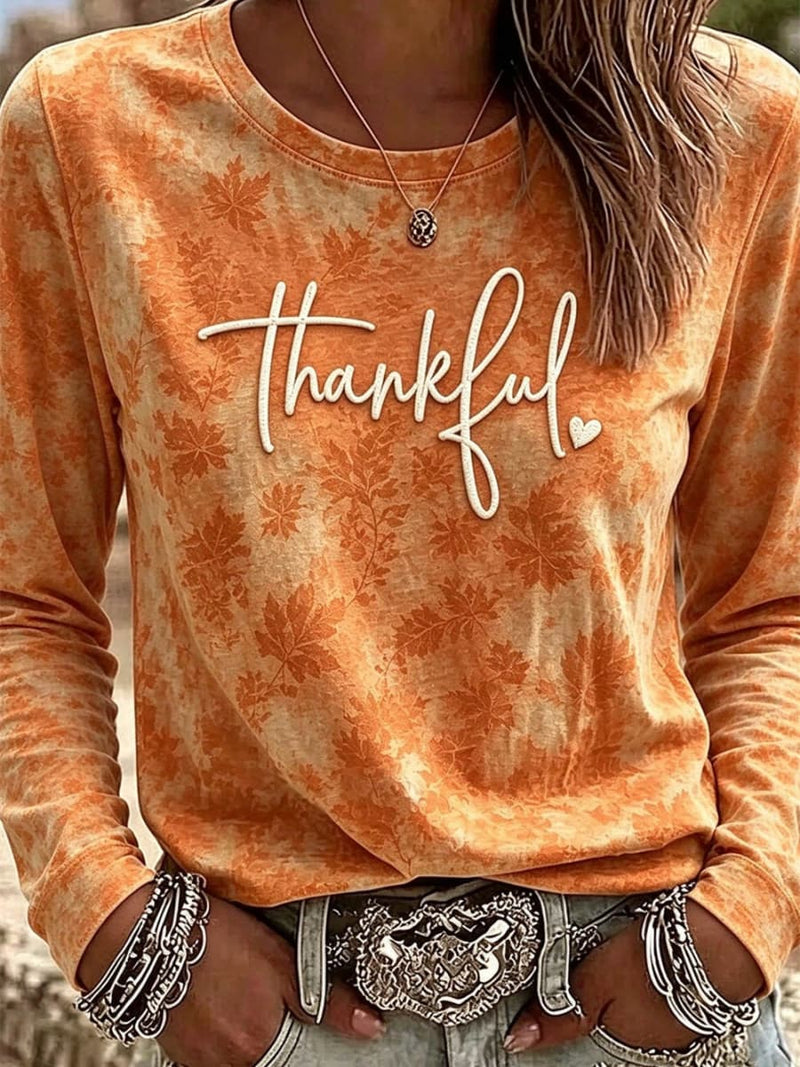 Women's Thanksgiving Orange Thankful Print Round Neck Long Sleeve Top