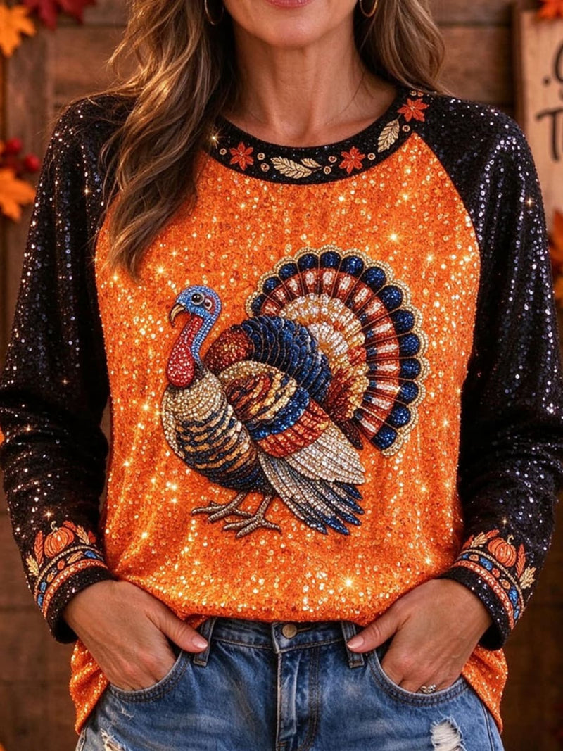 Women's Thanksgiving Orange Turkey Print Round Neck Long Sleeve Top