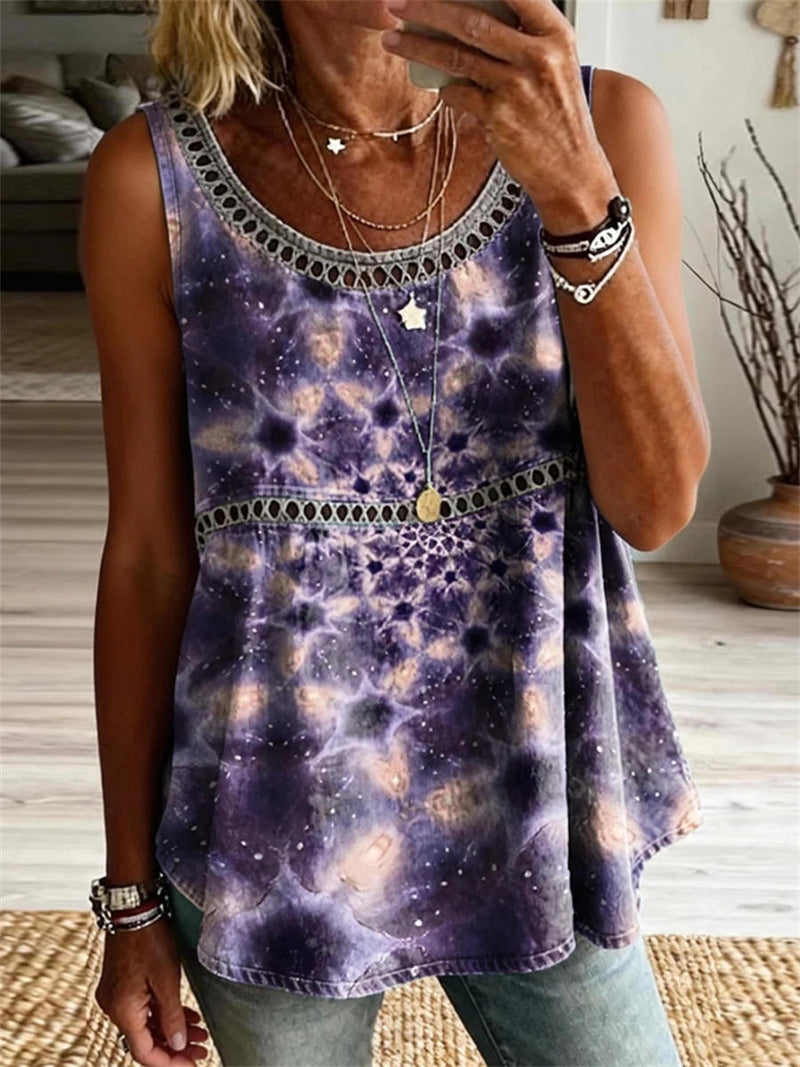 Women's Purple Tie Dye Geometric Print Hollow Round Neck Sleeveless Tank
