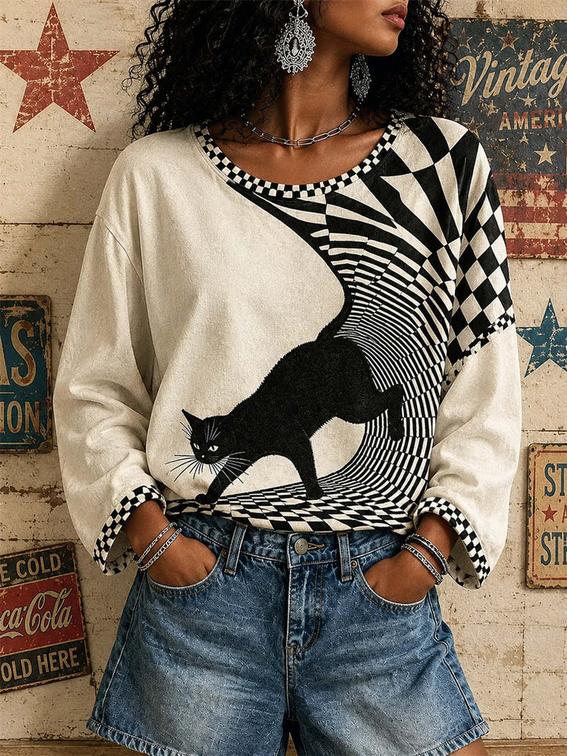 Women's Beige Black Cat Checker Print Round Neck Long Sleeve Tee