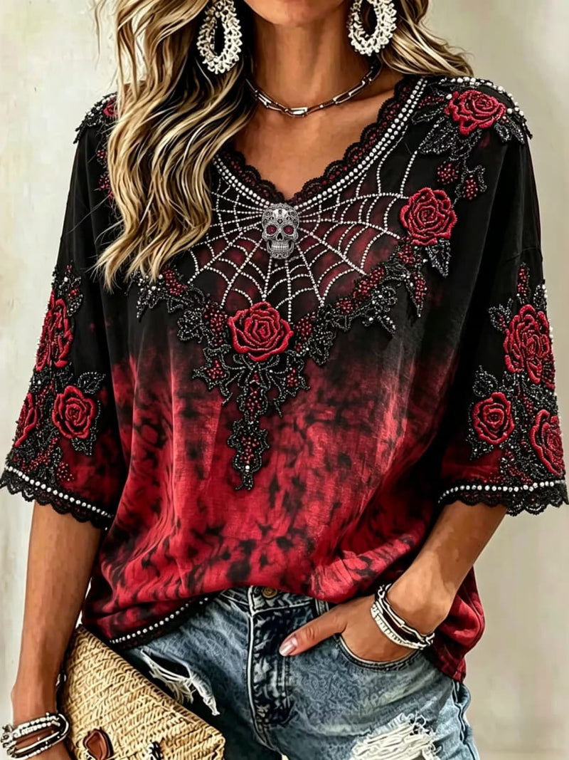 Women's Halloween Multi Spider Skull Floral Gradient Print V Neck Short Sleeve Tee