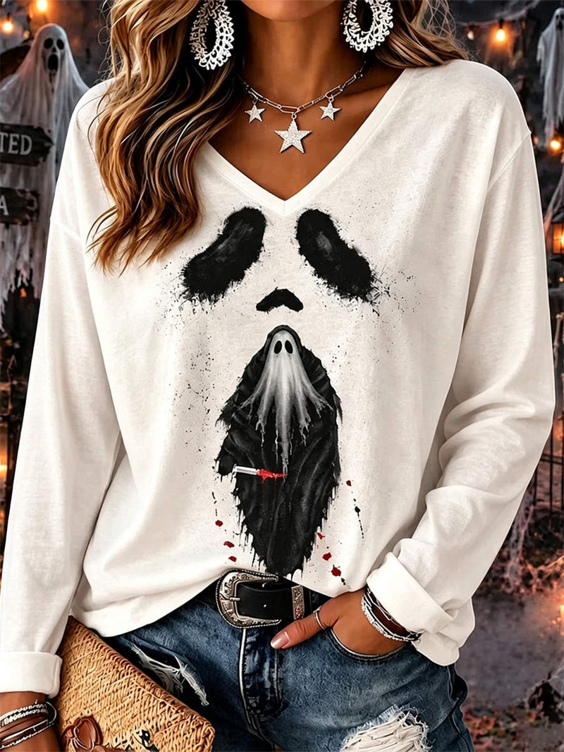 Women's Halloween White Ghost Print V Neck Long Sleeve Tee