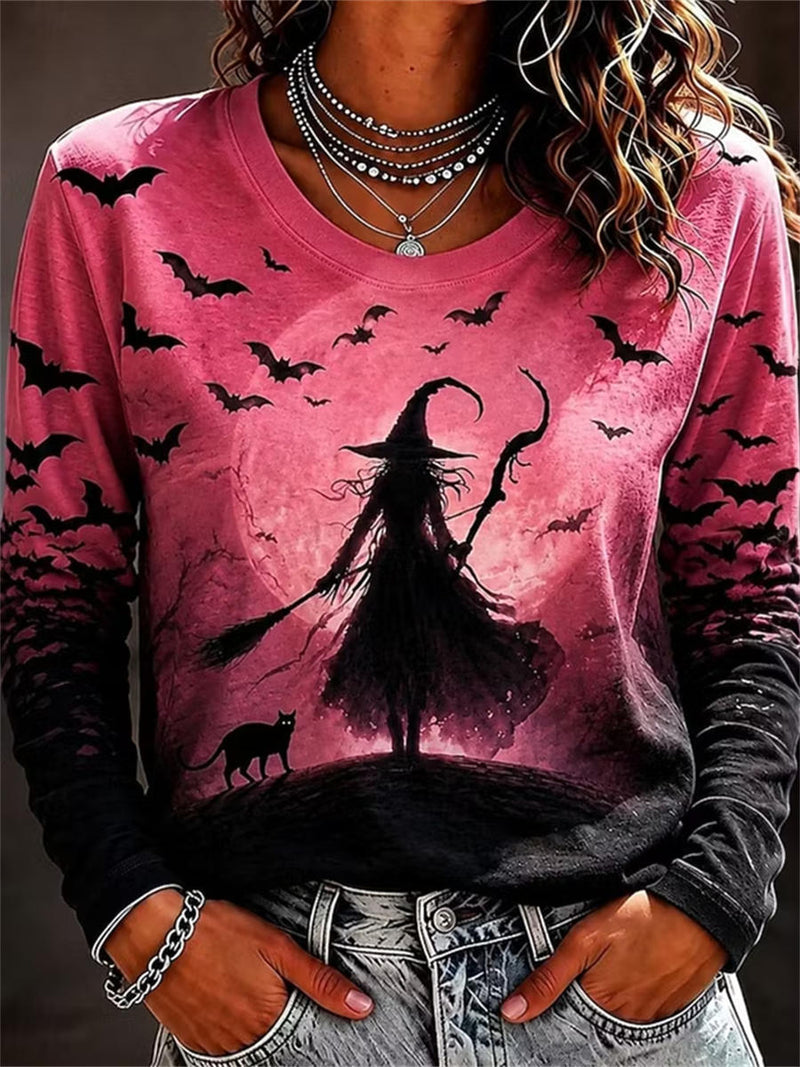 Women's Halloween Pink Witch Bat Cat Print Round Neck Long Sleeve Tee