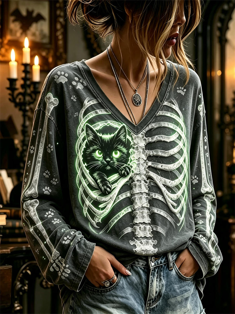Women's Halloween Dark Grey Cat Skeleton Rib Print V Neck Long Sleeve Tee