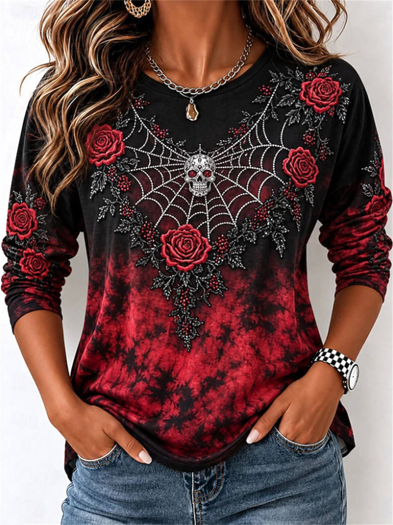Women's Halloween Black Rose Spider Web Skull Print Round Neck Long Sleeve Tee