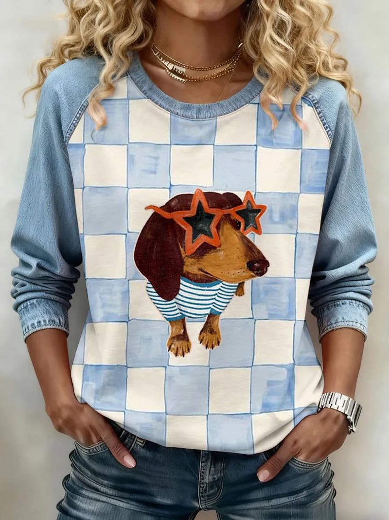 Women's Blue Plaid Dachshund Print Round Neck Long Sleeve Tee