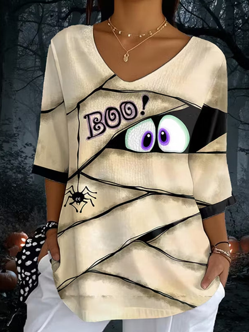 Women's Halloween Multi Mummy Print V Neck Three Quarter Sleeve Tee