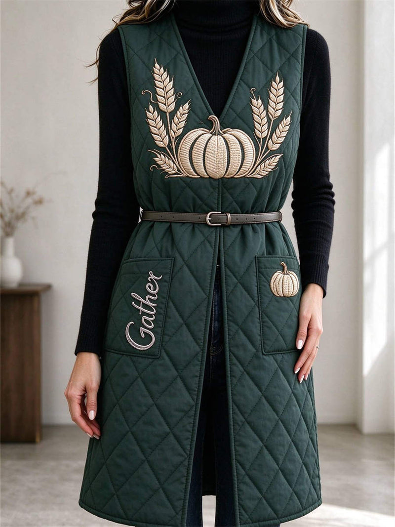 Women's Thanksgiving Dark Green Pumpkin Wheat Print V Neck Sleeveless Vest