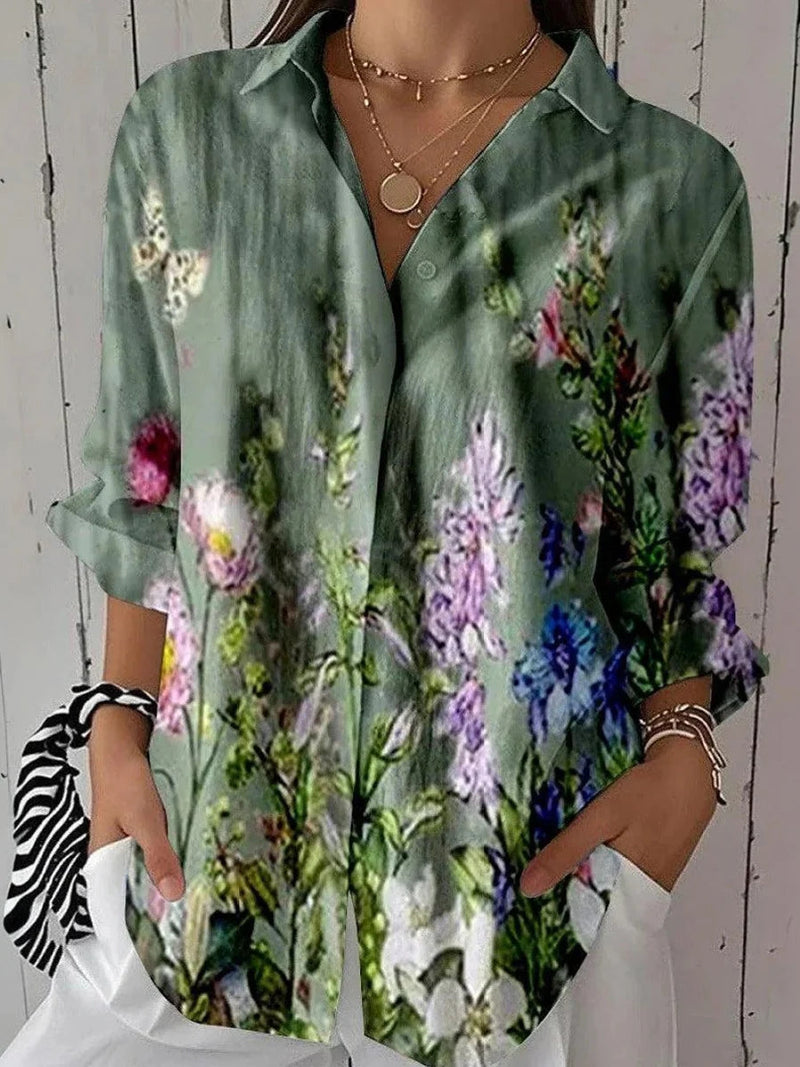 Green Collar Floral Print Long Sleeve Blouse