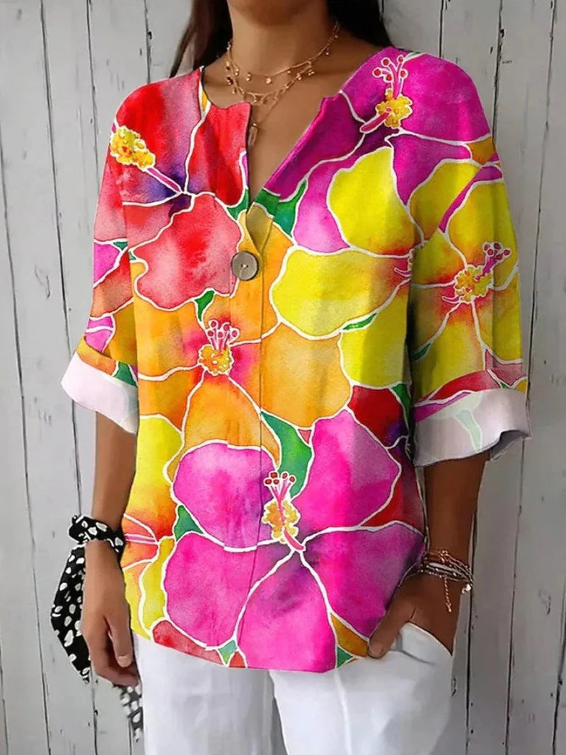 Romantic Floral Print Long Sleeve Top with Slim V-Neck