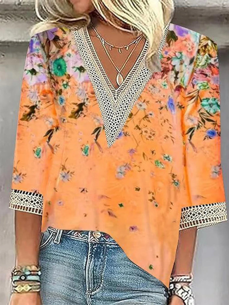 Bright Orange floral V-Neck 3/4 Sleeve Top
