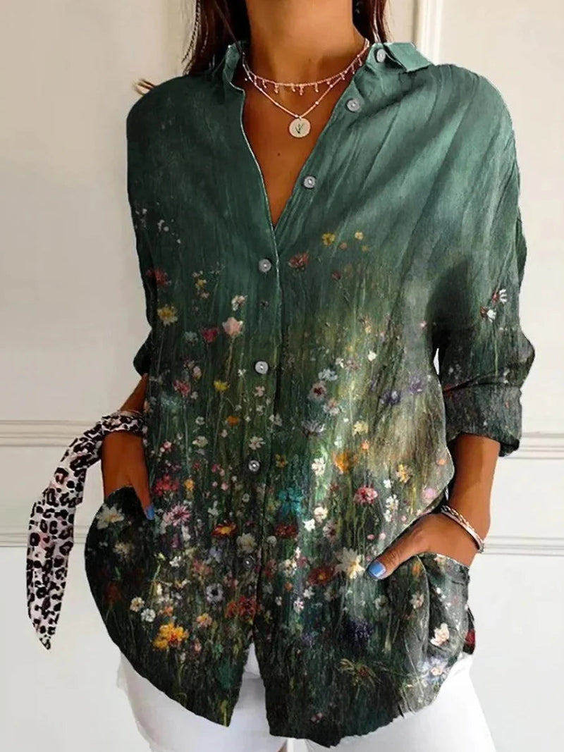 Green Floral Print Collared Long Sleeve Buttoned Top