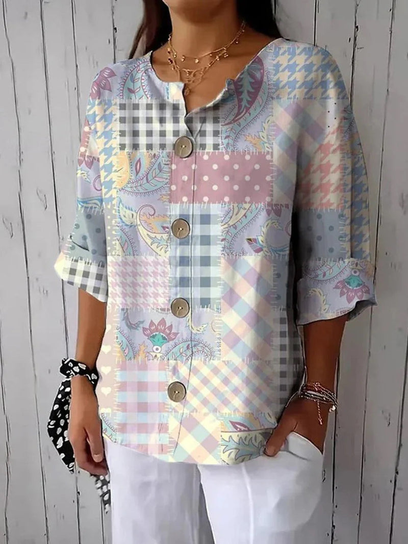 Casual Patchwork Print Notch Neck 3/4 Sleeve Top