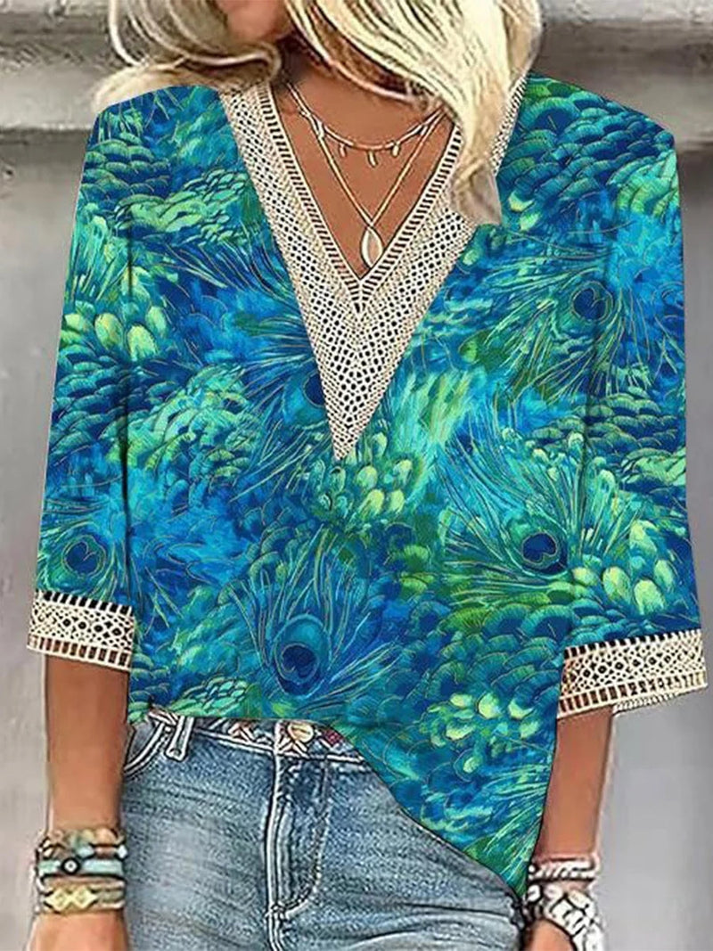 Bohemian Feather Print V-neck 3/4 Sleeve Blouse