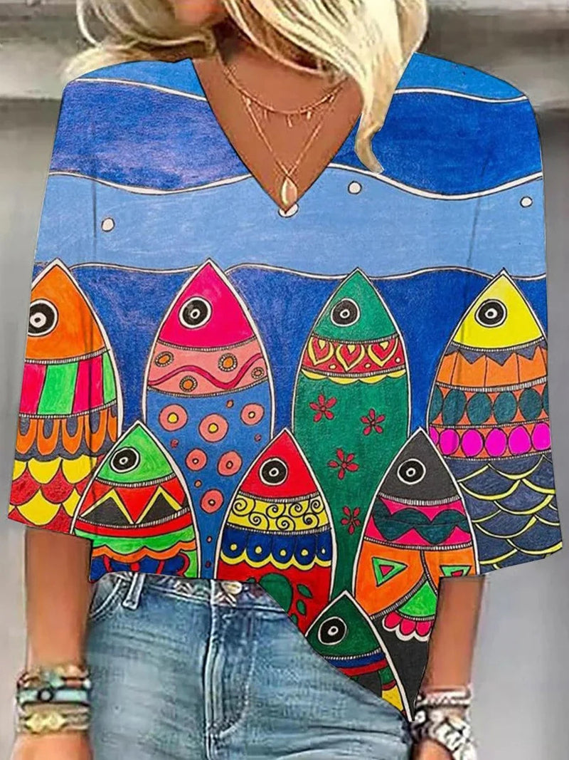 Bohemian Fish Print V-neck 3/4 Sleeve Top