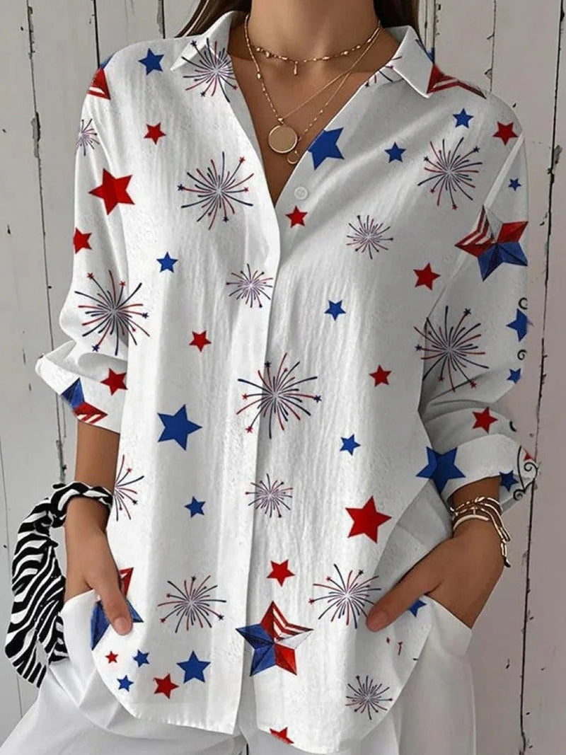 Colorful Star Print Long Sleeve White Shirt