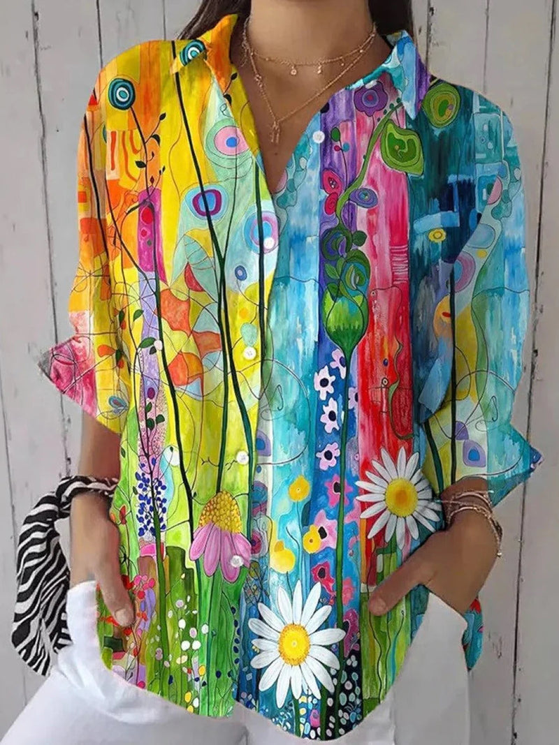 Artistic Floral Print Collar Short Sleeve Top