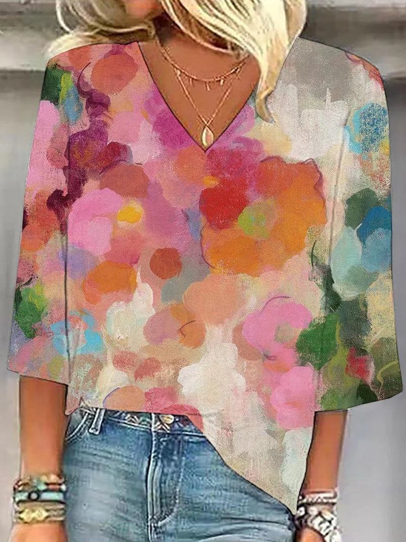 Colorful Floral Print V-Neck 3/4 Sleeve Top