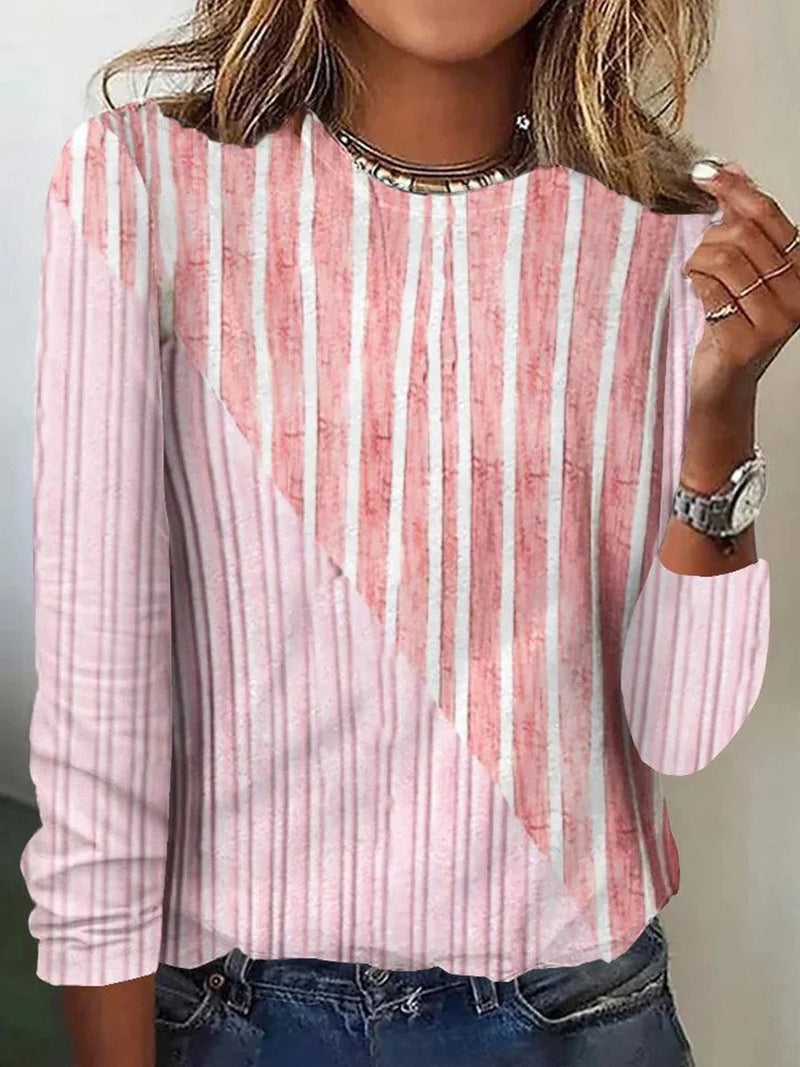 Casual Pink Striped Round Neck Pink Long Sleeve Blouse