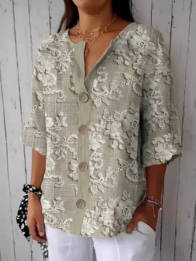 Trendy Printed V-Neck 3/4 Sleeve Top