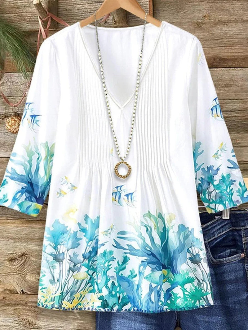 Casual V-Neck 3/4 Sleeve White Top