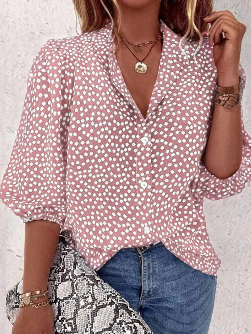Casual Pink Polka Dot V-neck 3/4 Sleeve Shirt