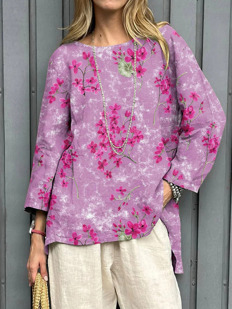 Vintage Floral Art Print Casual Round Neck Shirt