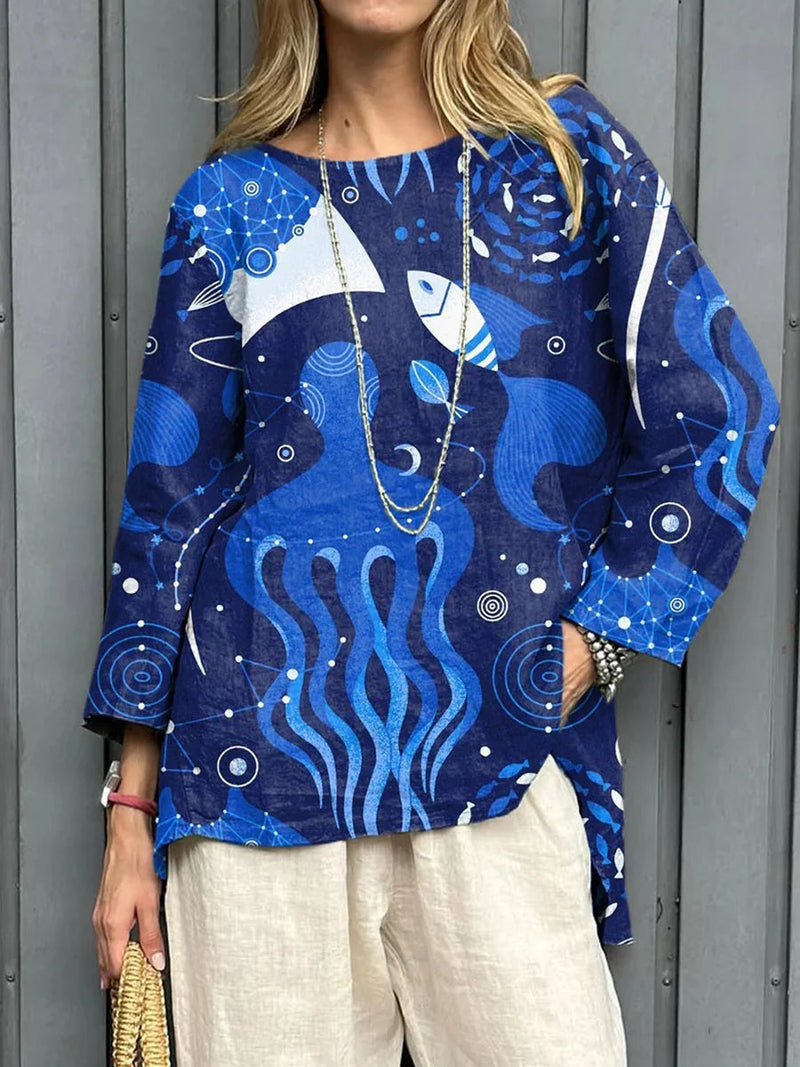 Bohemian Underwater Print Round Neck Blue 3/4 Sleeve Tunic