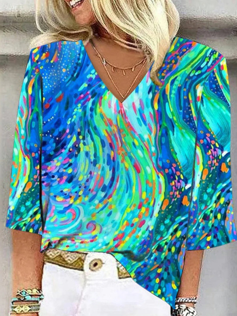 Colourful Abstract Print V-neck 3/4 Sleeve Top