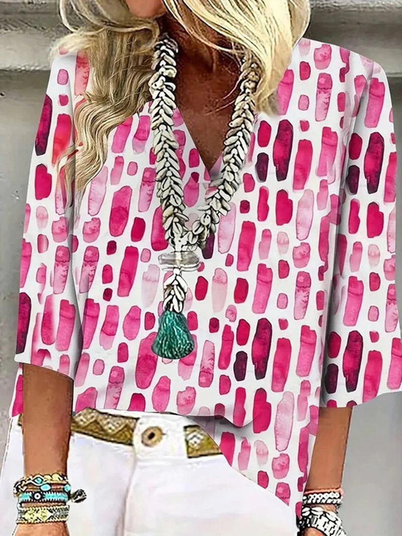 Casual Pink Print V-neck 3/4 Sleeve Blouse