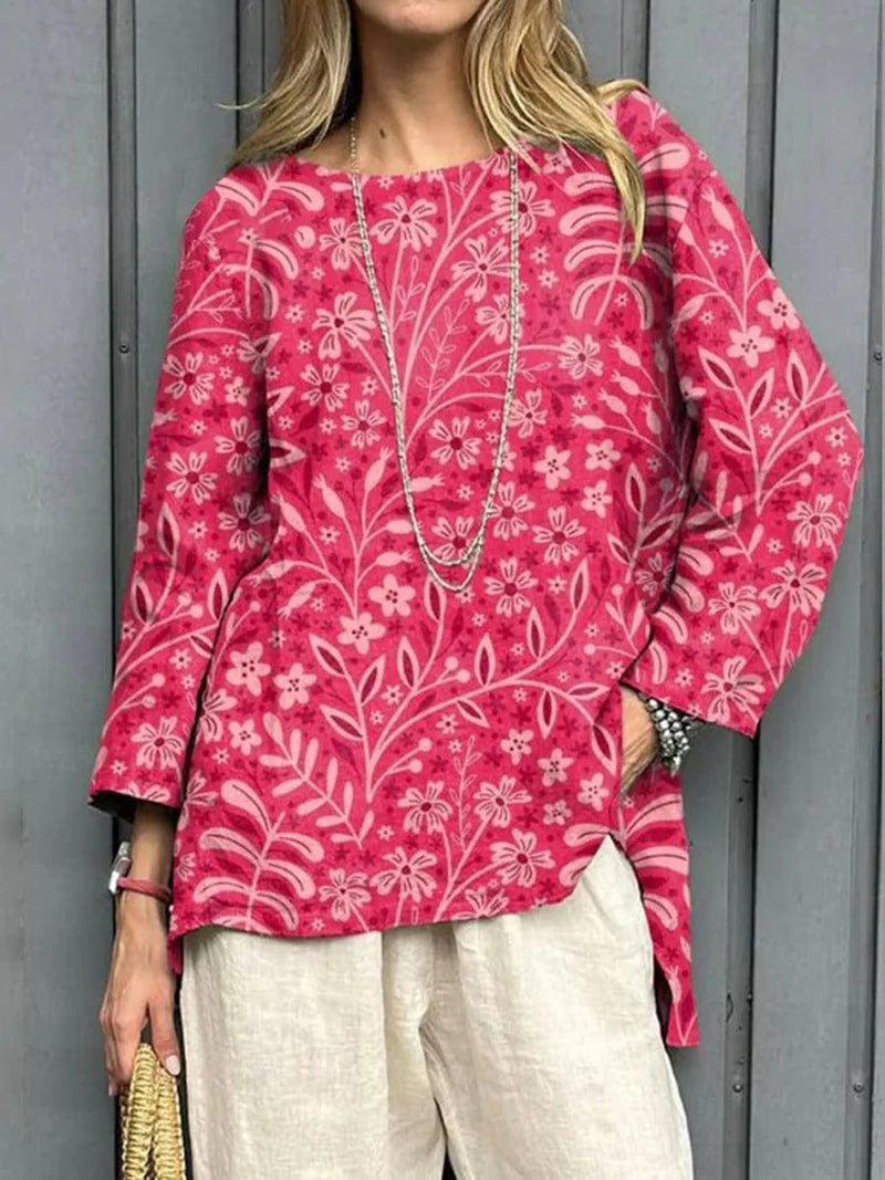 Pink Floral Print Long Sleeve Round Neck Top