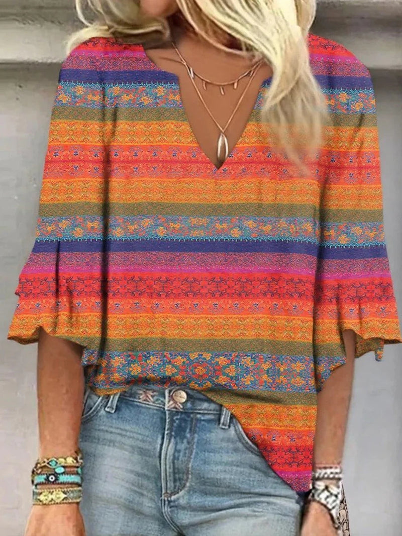 Colorful Stripe Print V-neck Ruffle Sleeve Top