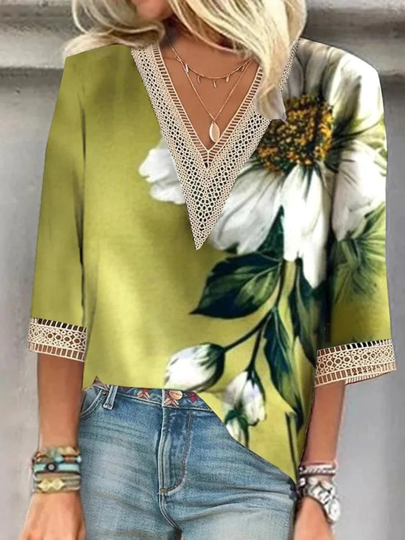 Chic Floral Print V-neck 3/4 Sleeve Top