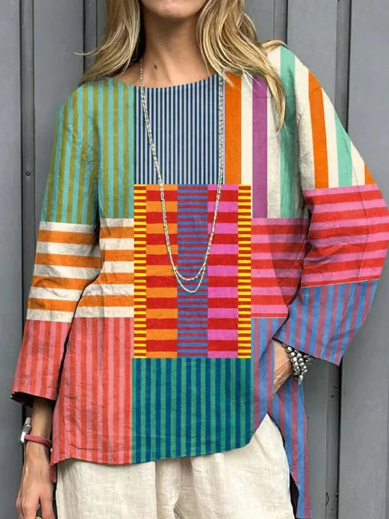 Multicolor Patchwork Stripe Print Long Sleeve Top